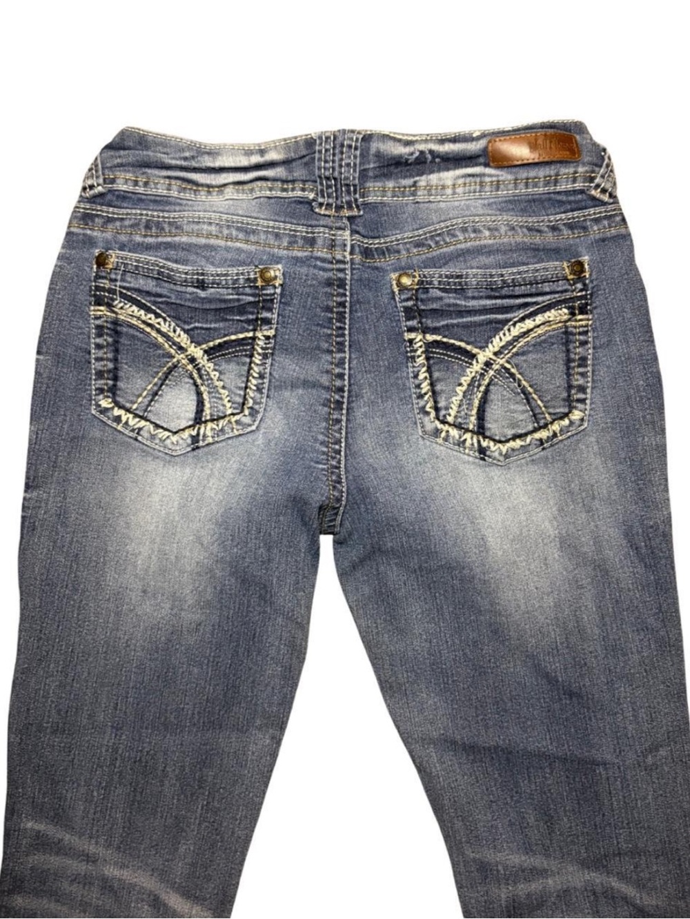 Y2K WallFlower Women's Faded Blue Bootcut Jeans with Embroidered Pockets